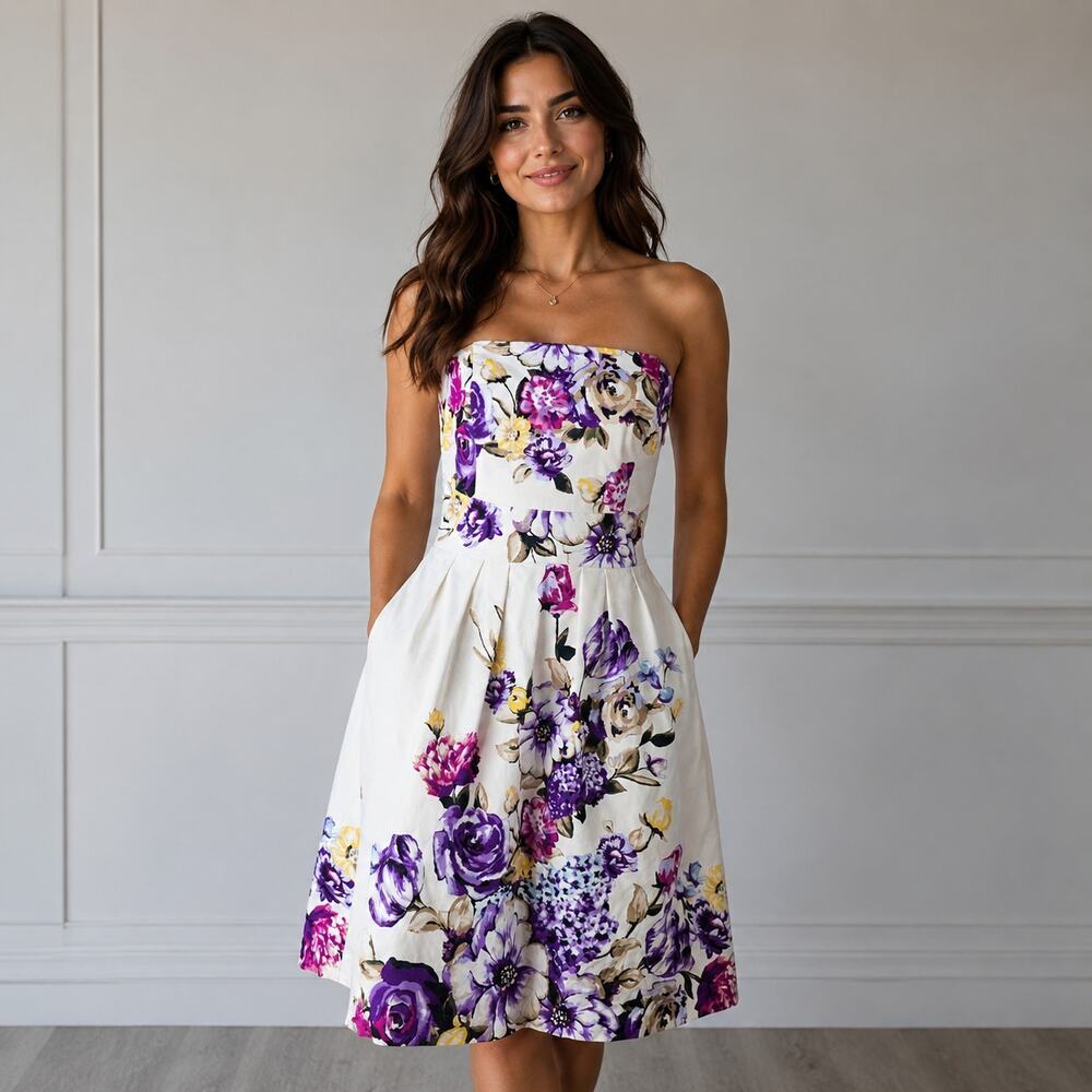 White House Black Market strapless floral midi dress. Size 6. Ret $180. Cotton